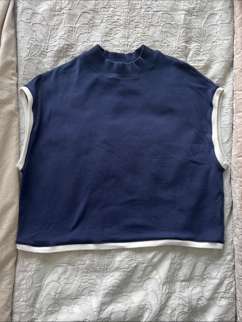 Maeve Navy Blue Sleeveless cotton tee with White Trim
